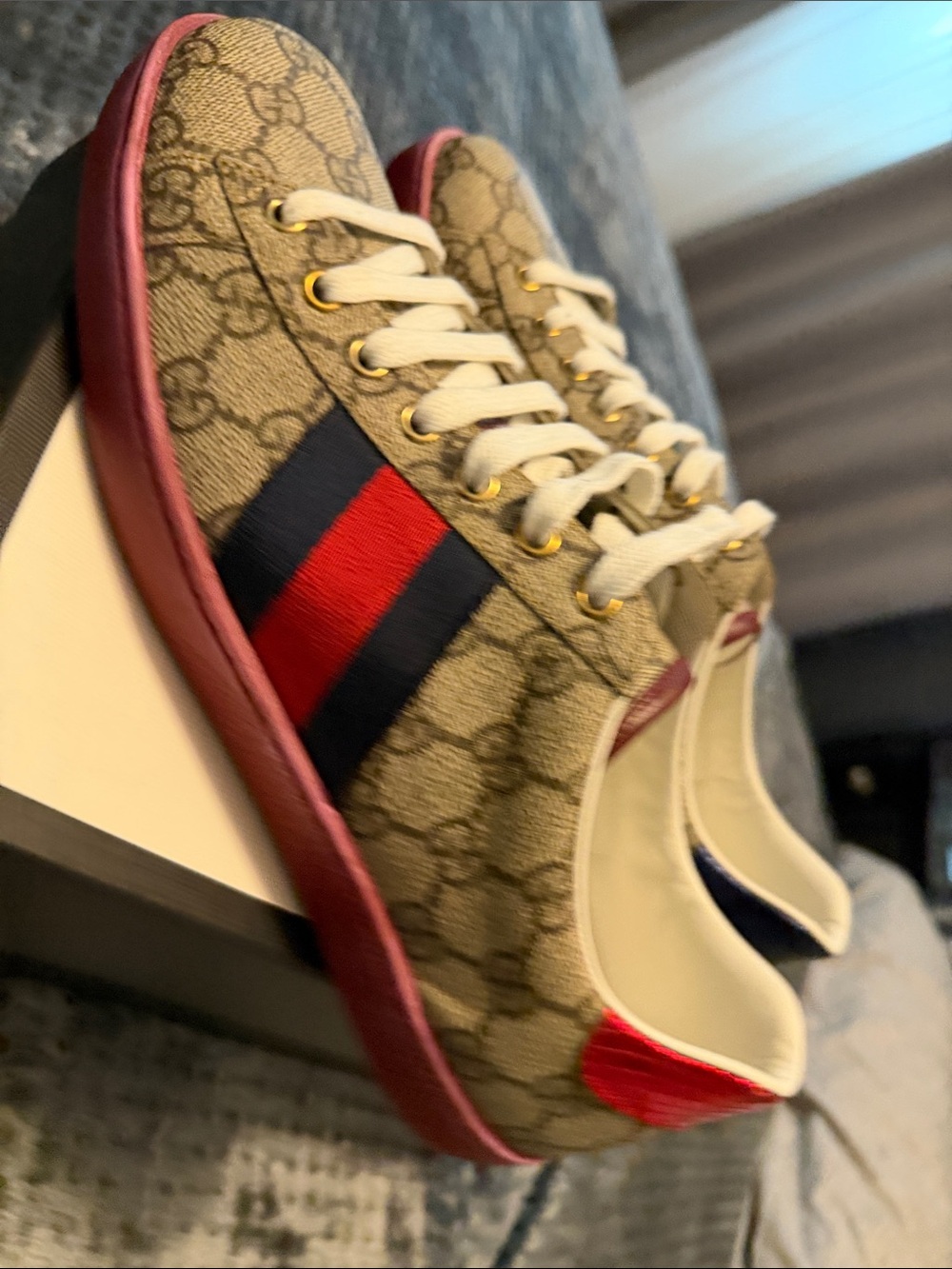 Gucci Men’s GG Supreme Sneaker with Red & Navy Web and Red Trim